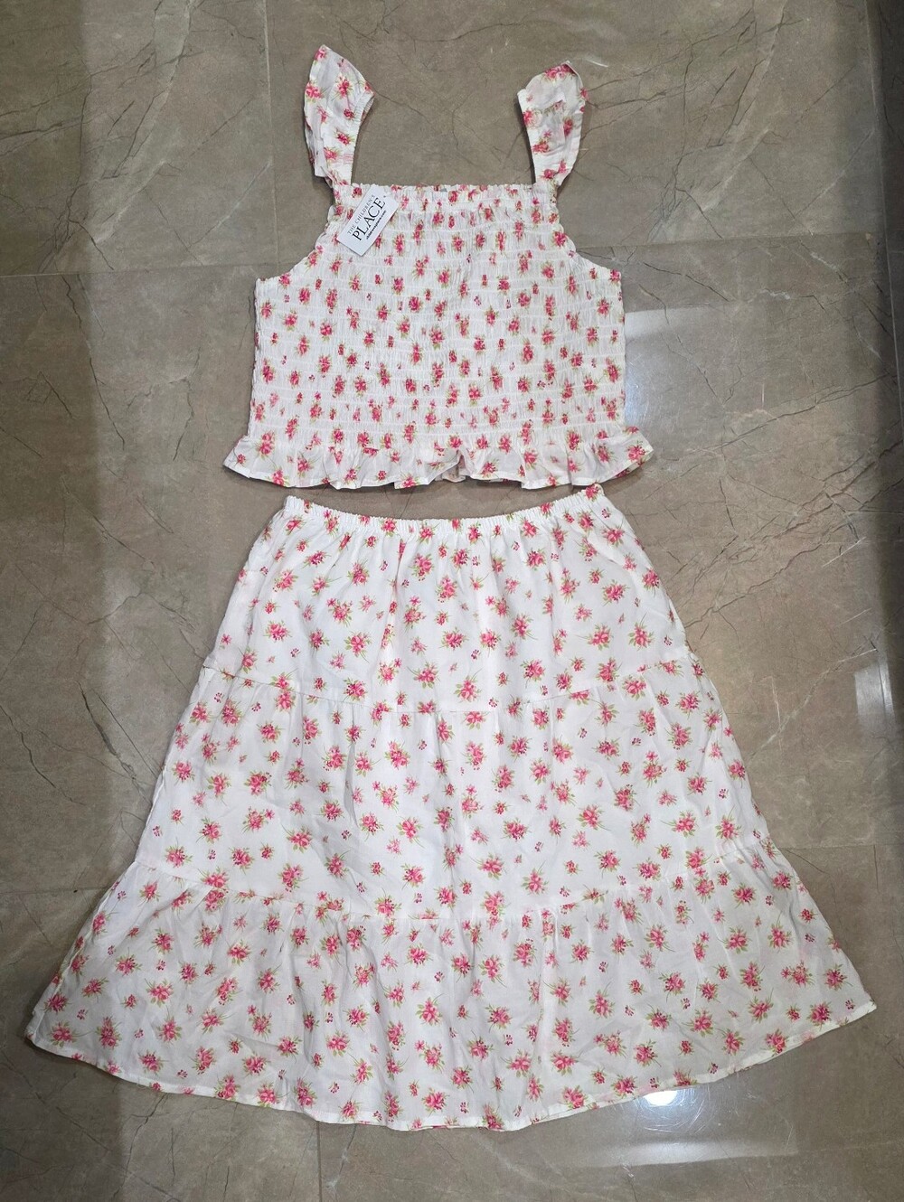 Place Girls White and Pink Floral Matching Top & Skirt Set
